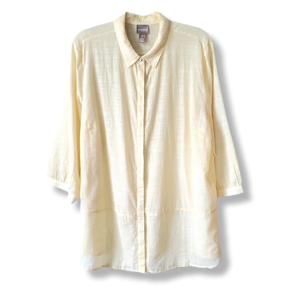 Chicos Women Sheer Yellow Stripe Cotton Shirt Top XL 3 Coastal Casual Breezy